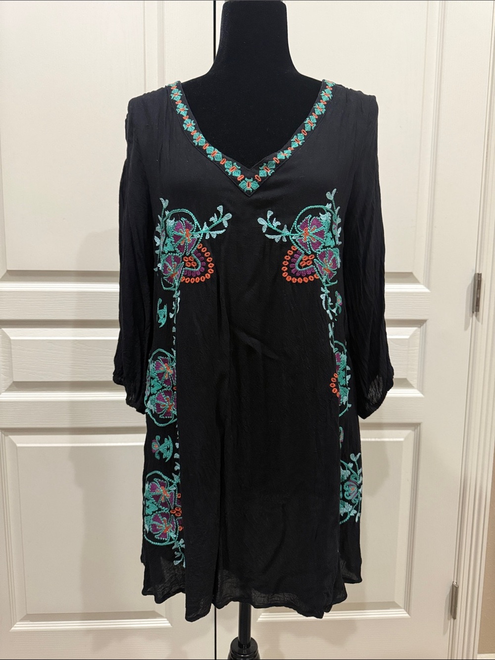 Black Midi Tunic Dress with Teal and Coral Embroidery